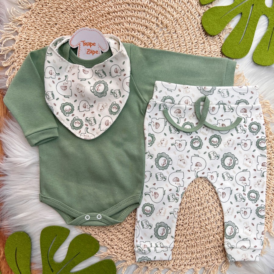 Conj. Body Manga Longa, Calça e Babador Bandana Bichinhos - Verde